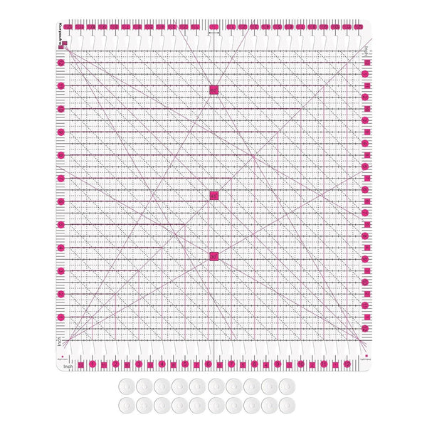 12.5 inch by 12.5 inch slotted quilting ruler, clear acrylic with grooved cutting slots, shown squaring up a quilt block - The Fabric Hut
