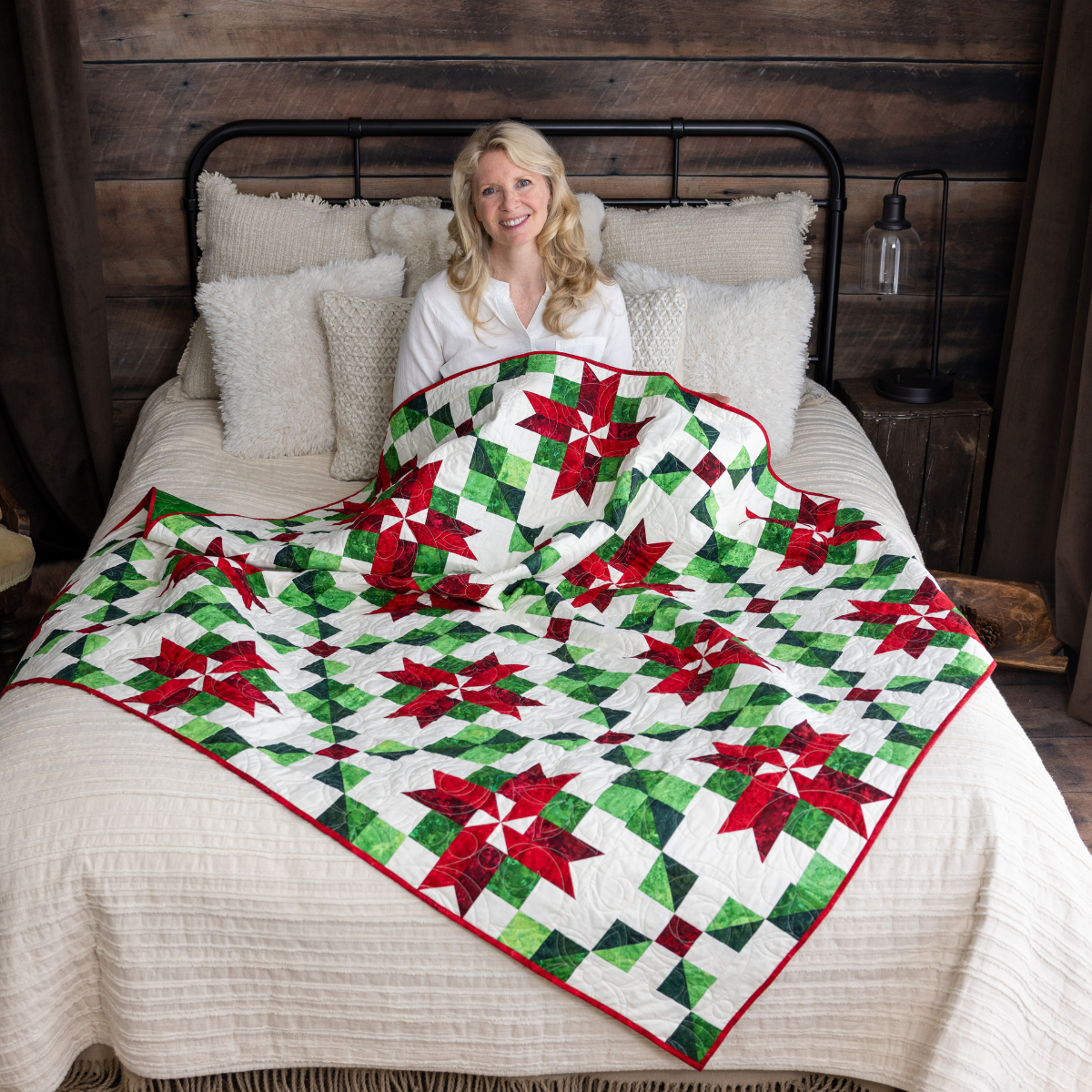 Peppermint Poinsettias Quilting Kit - Pre-Cut with Complete Backing & Binding - Experienced Beginner - Throw and Queen