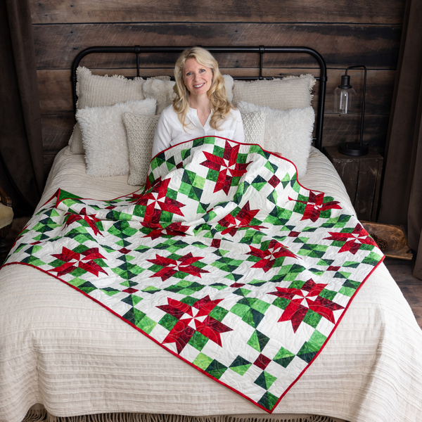 Peppermint Poinsettias Quilting Kit - Pre-Cut with Complete Backing & Binding - Experienced Beginner - Throw and Queen
