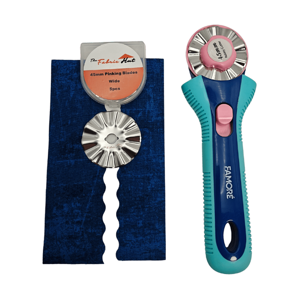 Pinking Blade Wide, pack of 5 45mm rotary blades with a bold zigzag cutting edge, shown with the clear storage case - The Fabric Hut