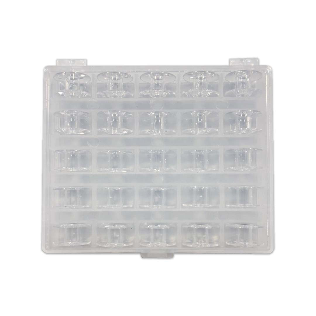 25 Clear Bobbins with Storage Box - Universal Class 15 Size A - The Fabric Hut