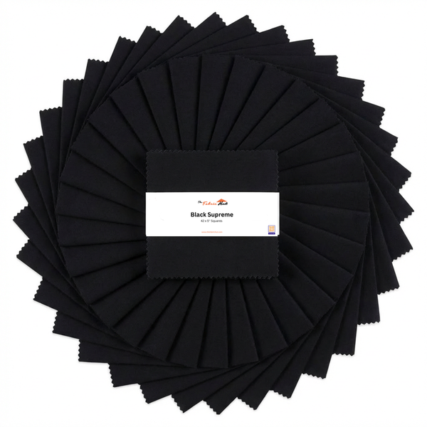 Black Supreme charm pack, 42 precut 5 inch squares of 100% cotton from The Fabric Hut