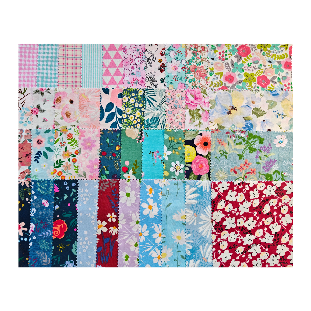 Blossom Breeze 5 inch charm squares laid out, part of the 480 piece four collection sampler bundle