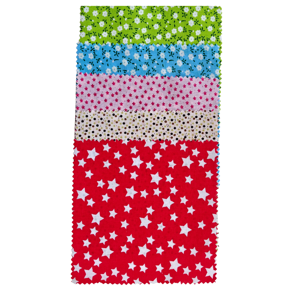 Patchwork Carnival Collection charm pack, 40 precut 5 inch 100% cotton squares in bright dots, ginghams, stripes, stars and small florals, six packs included in this 480 piece bundle