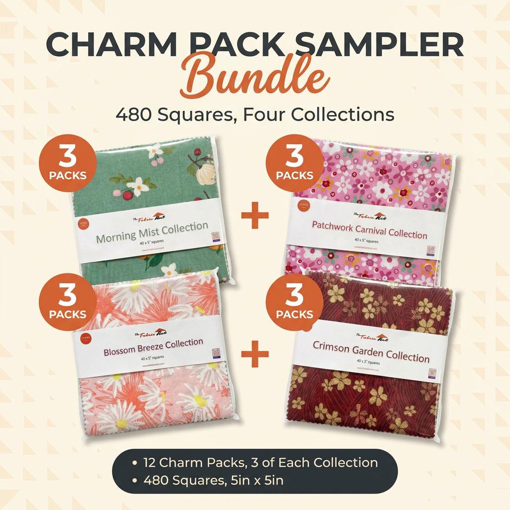 Charm Pack Sampler Bundle 480pcs - 12 Packs of 40, 5" Squares - Morning Mist, Blossom Breeze, Patchwork Carnival, Crimson Garden