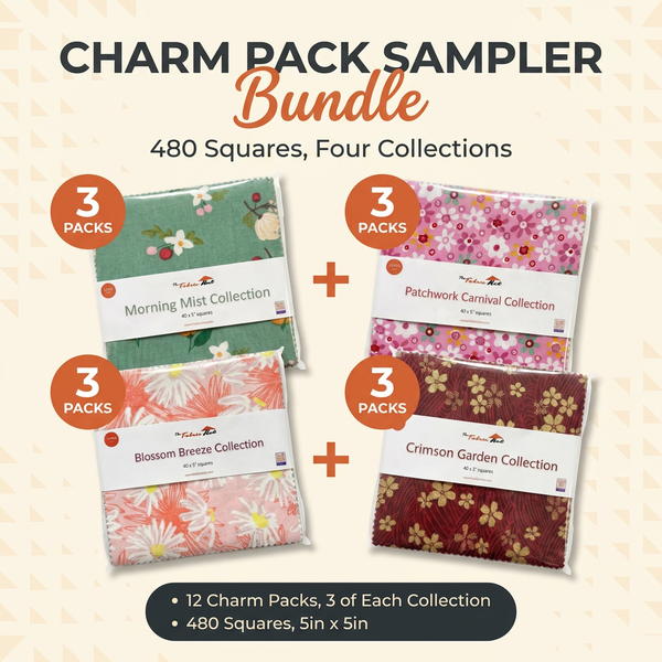 Charm Pack Sampler Bundle 480pcs - 12 Packs of 40, 5" Squares - Morning Mist, Blossom Breeze, Patchwork Carnival, Crimson Garden