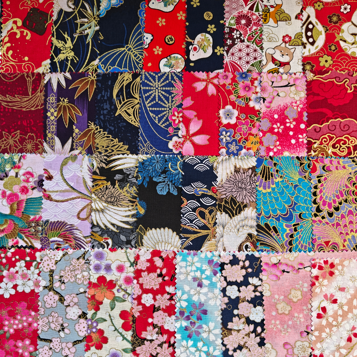 Crimson Garden charm pack with 240 precut 5 inch cotton squares across six packs