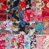 Crimson Garden Collection charm pack, 40 precut 5 inch 100% cotton squares in crimson, navy and black with metallic gold cherry blossom, cranes and fans, six packs included in this 480 piece bundle
