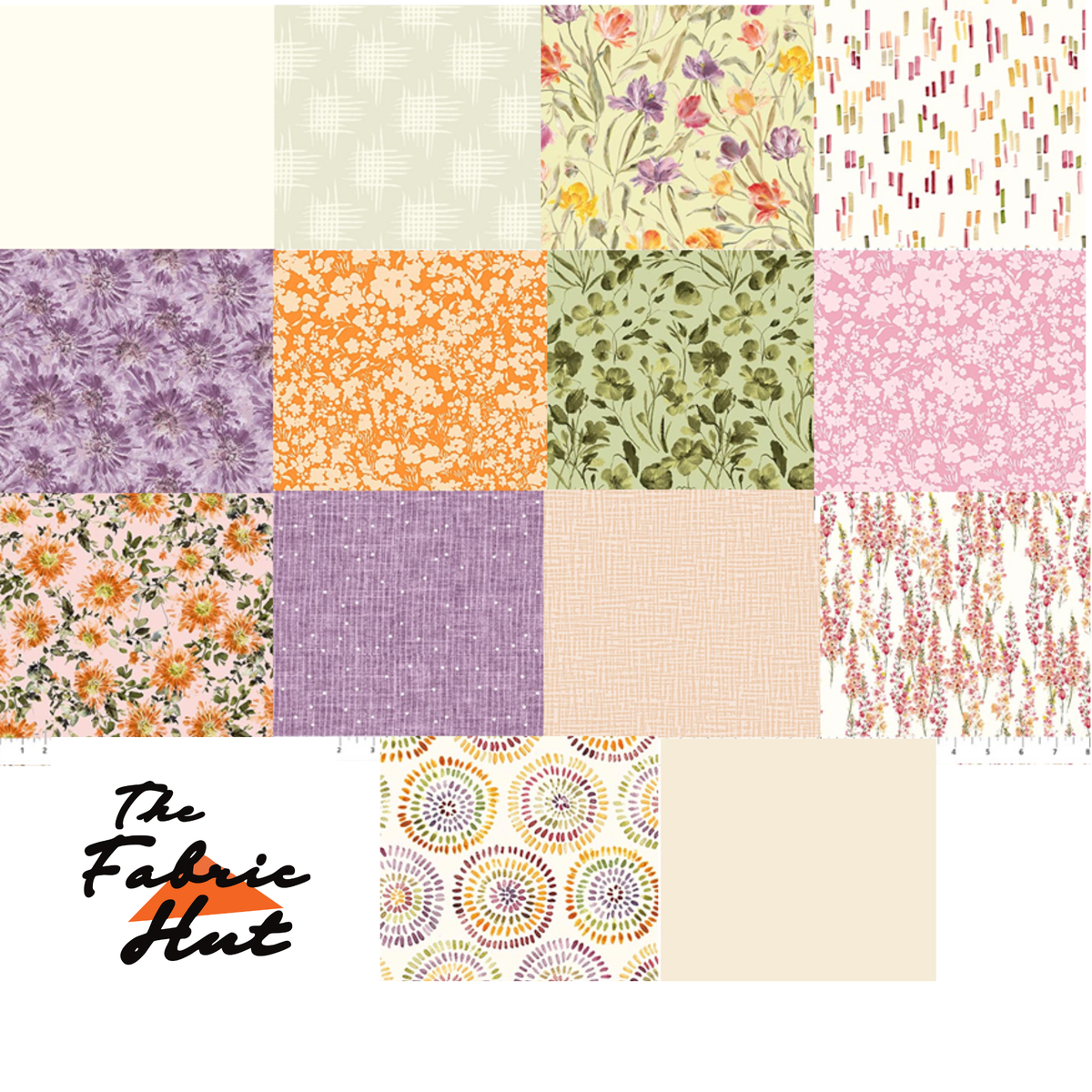 Meadowlands charm pack, 56 precut 5 inch squares from the Flourish collection by FIGO Fabrics