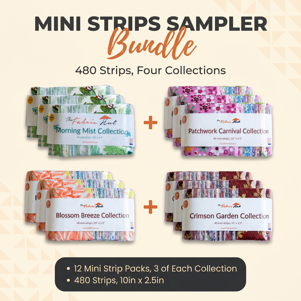 Mini Strips Sampler Bundle 480pcs - 12 Packs of 40, 2.5" x 10" - Morning Mist, Blossom Breeze, Patchwork Carnival, Crimson Garden