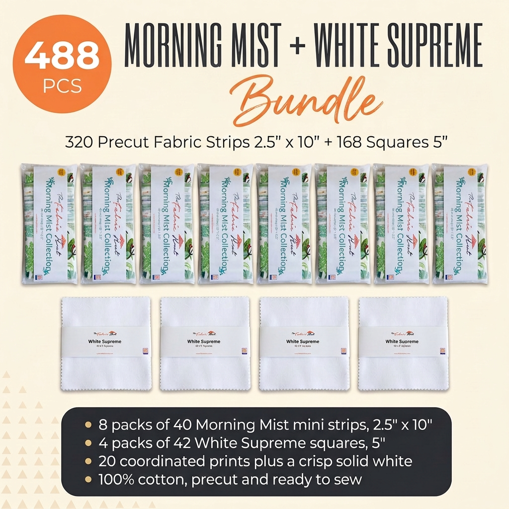 Morning Mist + White Supreme Bundle 488pcs - 320 Precut Fabric Strips 2.5" x 10" + 168 Squares 5"