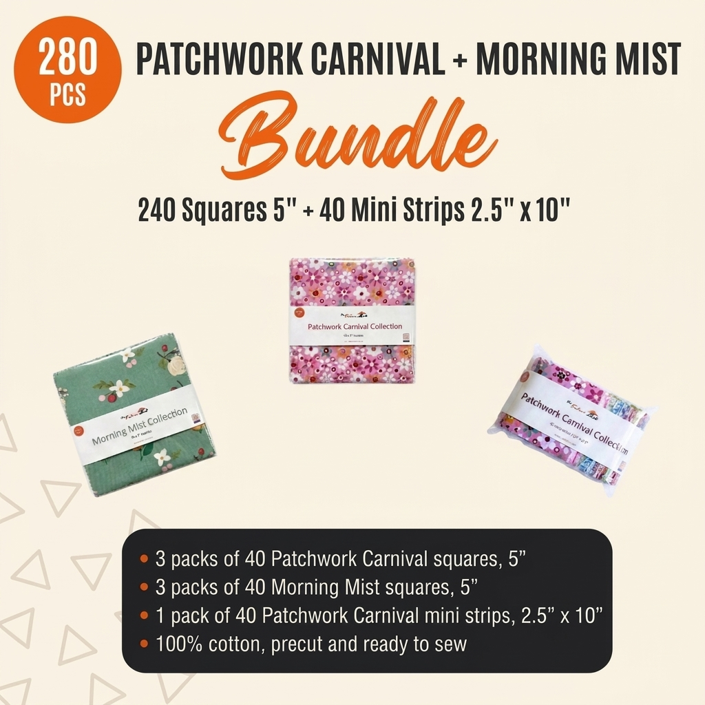 Patchwork Carnival + Morning Mist Bundle 280pcs - packs of Patchwork Carnival and Morning Mist 5 inch squares with a pack of mini strips - photo 1 of 6 - The Fabric Hut