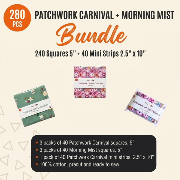 Patchwork Carnival + Morning Mist Bundle 280pcs - packs of Patchwork Carnival and Morning Mist 5 inch squares with a pack of mini strips - photo 1 of 6 - The Fabric Hut