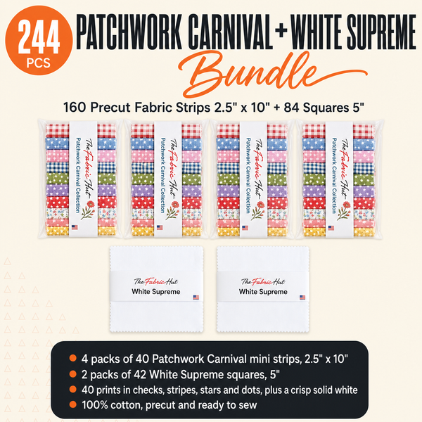 Patchwork Carnival + White Supreme Bundle 244pcs - 4 packs of Patchwork Carnival mini strips and 2 packs of White Supreme squares - photo 1 of 6 - The Fabric Hut