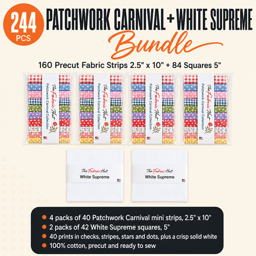 Patchwork Carnival + White Supreme Bundle 244pcs - 4 packs of Patchwork Carnival mini strips and 2 packs of White Supreme squares - photo 1 of 6 - The Fabric Hut