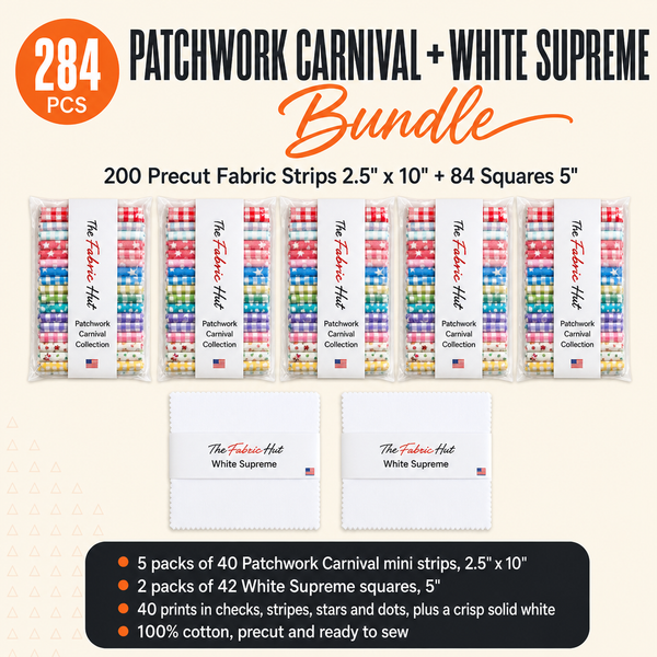 Patchwork Carnival + White Supreme Bundle 284pcs - 5 packs of Patchwork Carnival mini strips and 2 packs of White Supreme squares - photo 1 of 6 - The Fabric Hut