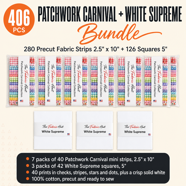 Patchwork Carnival + White Supreme Bundle 406pcs - 7 packs of Patchwork Carnival mini strips and 3 packs of White Supreme squares - photo 1 of 6 - The Fabric Hut