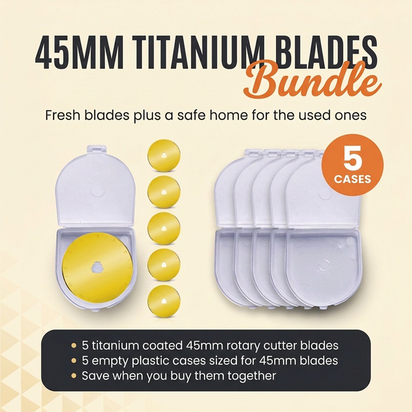 Rotary Cutter Blades 45mm Titanium 5 Pack + Blade Storage Cases Bundle
