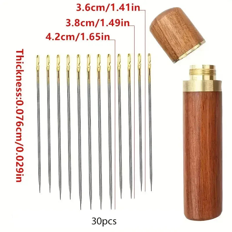 Single Threading Needle 30pcs Self-Threading Needles with Wooden Storage Case – Perfect for El ...