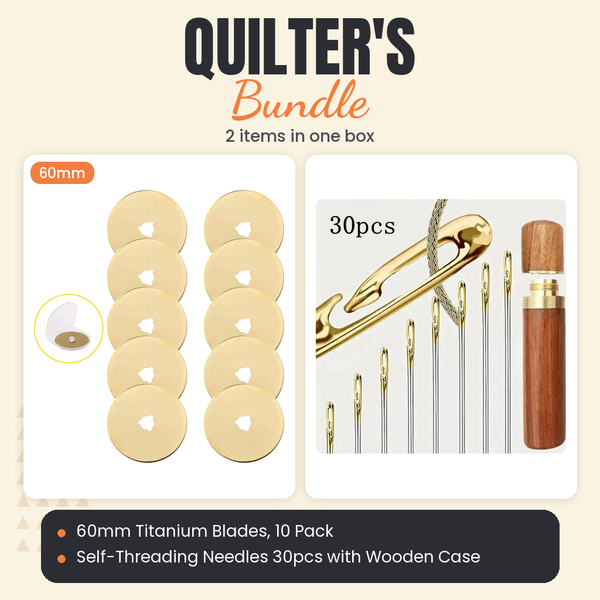 60mm Titanium Rotary Blades, 10 Pack + Self-Threading Needles 30pcs with Wooden Case Bundle - what is in the bundle - photo 1 of 3 - The Fabric Hut