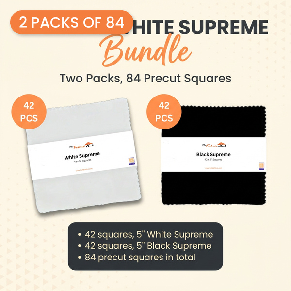 Black & White Supreme 5" Squares, 168pcs - 100% Cotton Solids - 2 packs of 84 - photo 1 of 3 - The Fabric Hut