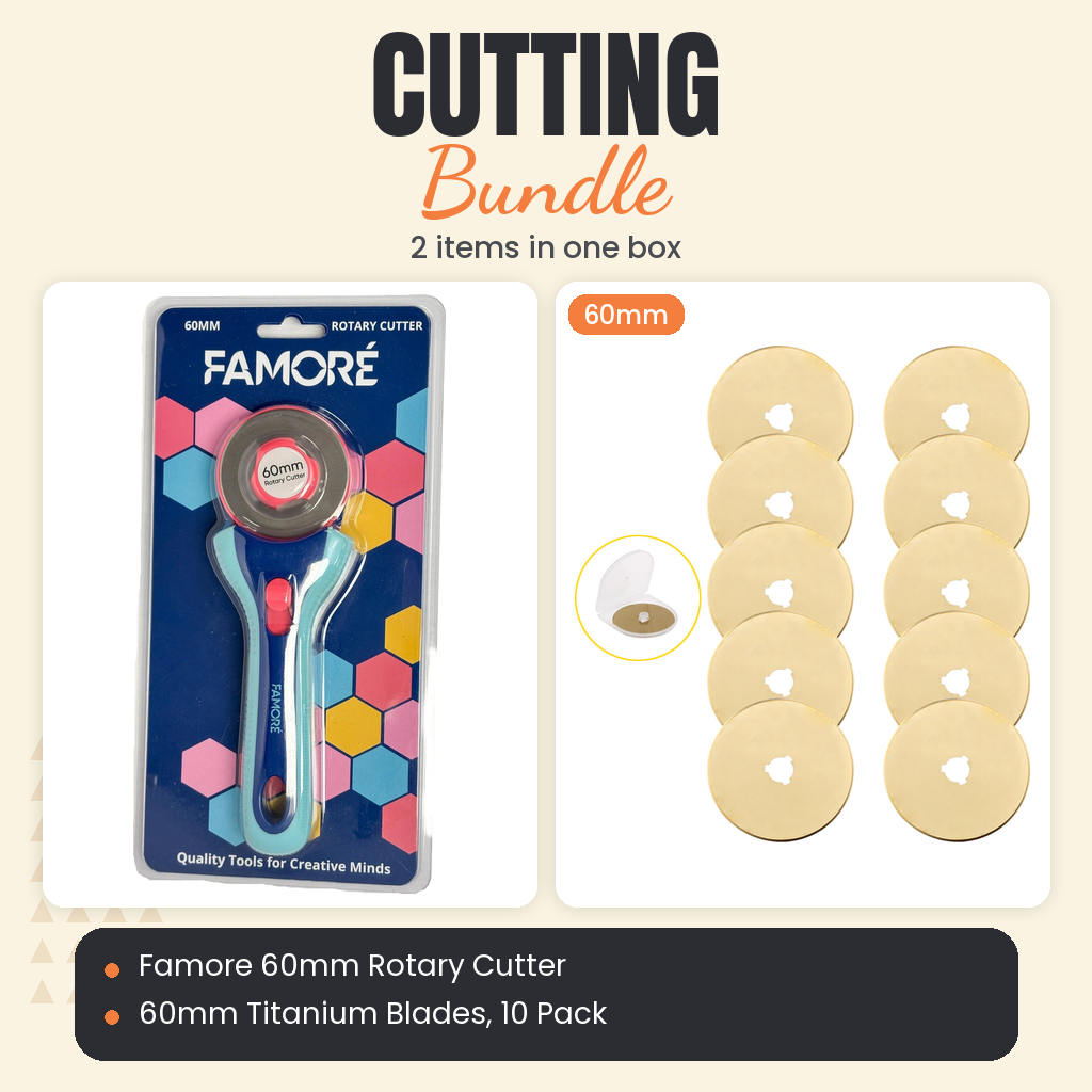 Famore 60mm Rotary Cutter + 60mm Titanium Rotary Blades, 10 Pack Bundle - what is in the bundle - photo 1 of 3 - The Fabric Hut