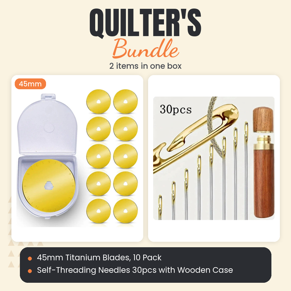 45mm Titanium Rotary Blades, 10 Pack + Self-Threading Needles 30pcs with Wooden Case Bundle - what is in the bundle - photo 1 of 3 - The Fabric Hut