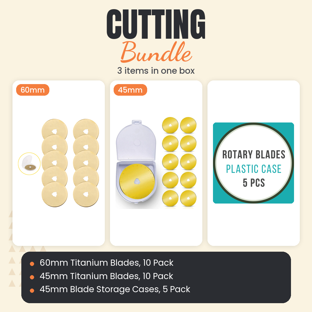 60mm Titanium Rotary Blades, 10 Pack + 45mm Titanium Rotary Blades, 10 Pack + 45mm Blade Storage Cases, 5 Pack Bundle - what is in the bundle - photo 1 of 4 - The Fabric Hut