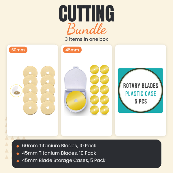 60mm Titanium Rotary Blades, 10 Pack + 45mm Titanium Rotary Blades, 10 Pack + 45mm Blade Storage Cases, 5 Pack Bundle - what is in the bundle - photo 1 of 4 - The Fabric Hut