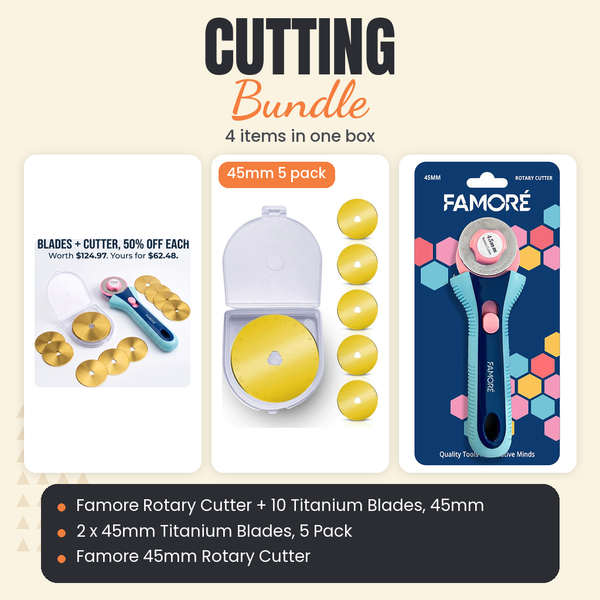 Famore Rotary Cutter + 10 Titanium Blades, 45mm + 2 x 45mm Titanium Rotary Blades, 5 Pack + Famore 45mm Rotary Cutter Bundle - what is in the bundle - photo 1 of 4 - The Fabric Hut