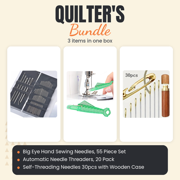 Big Eye Hand Sewing Needles, 55 Piece Set + Automatic Needle Threaders, 20 Pack + Self-Threading Needles 30pcs with Wooden Case Bundle - what is in the bundle - photo 1 of 4 - The Fabric Hut