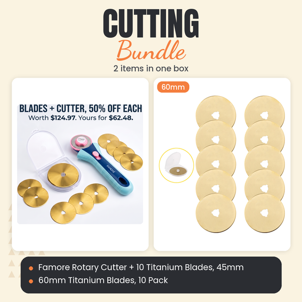 Famore Rotary Cutter + 10 Titanium Blades, 45mm + 60mm Titanium Rotary Blades, 10 Pack Bundle - what is in the bundle - photo 1 of 3 - The Fabric Hut