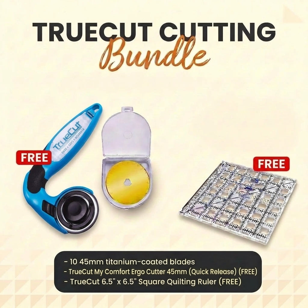 TrueCut cutting bundle with the 45mm My Comfort Ergo Cutter, ten titanium coated blades and a TrueCut 6.5 inch square ruler - The Fabric Hut