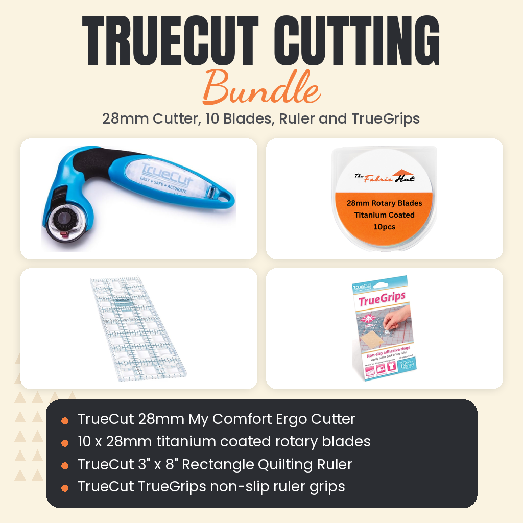 TrueCut Cutting Bundle, 28mm My Comfort Ergo Cutter, 10 Titanium Blades, 3 x 8 inch Rectangle Ruler and TrueGrips - TrueCut 28mm My Comfort Ergo Cutter, ten 28mm titanium blades, TrueCut 3" x 8" Rectangle Quilting Ruler and TrueGrips - photo 1 of 5 - The Fabric Hut