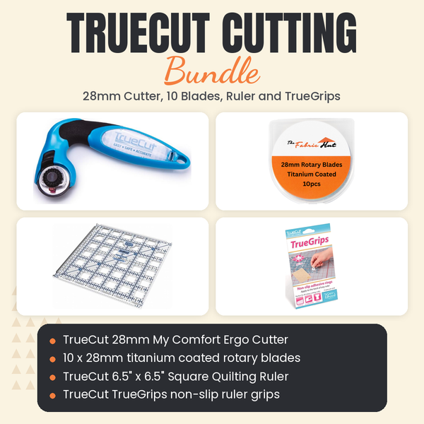 TrueCut Cutting Bundle, 28mm My Comfort Ergo Cutter, 10 Titanium Blades, 6.5 inch Square Ruler and TrueGrips - TrueCut 28mm My Comfort Ergo Cutter, ten 28mm titanium blades, TrueCut 6.5" x 6.5" Square Quilting Ruler and TrueGrips - photo 1 of 5 - The Fabric Hut