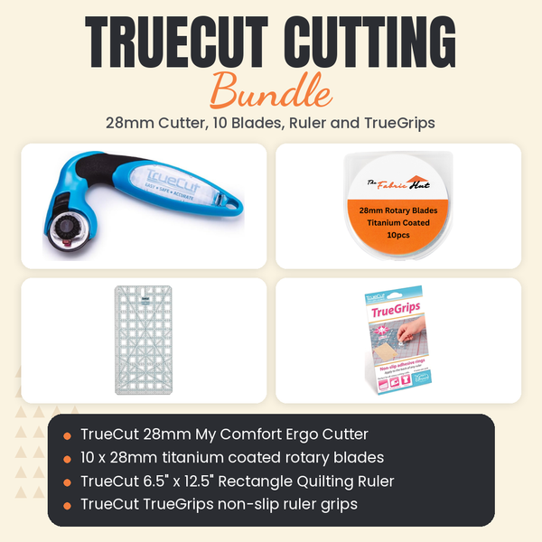 TrueCut Cutting Bundle, 28mm My Comfort Ergo Cutter, 10 Titanium Blades, 6.5 x 12.5 inch Rectangle Ruler and TrueGrips - TrueCut 28mm My Comfort Ergo Cutter, ten 28mm titanium blades, TrueCut 6.5" x 12.5" Rectangle Quilting Ruler and TrueGrips - photo 1 of 5 - The Fabric Hut