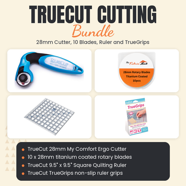 TrueCut Cutting Bundle, 28mm My Comfort Ergo Cutter, 10 Titanium Blades, 9.5 inch Square Ruler and TrueGrips - TrueCut 28mm My Comfort Ergo Cutter, ten 28mm titanium blades, TrueCut 9.5" x 9.5" Square Quilting Ruler and TrueGrips - photo 1 of 5 - The Fabric Hut