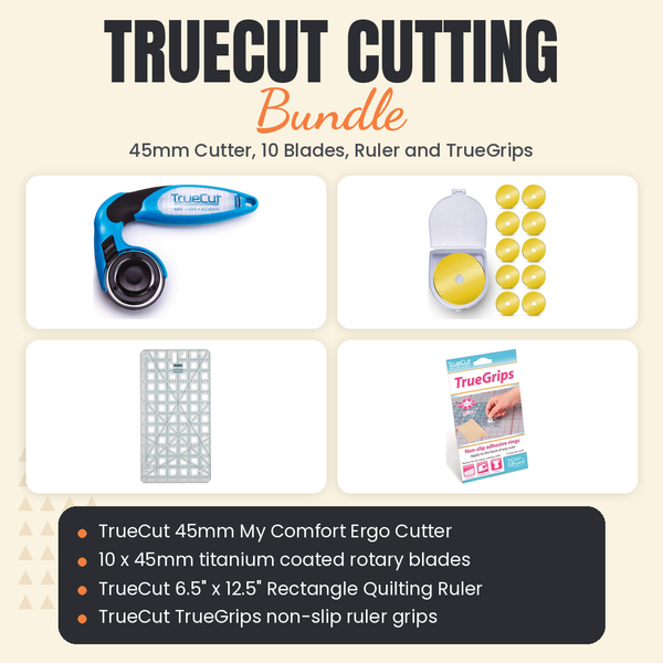 TrueCut Cutting Bundle, 45mm My Comfort Ergo Cutter, 10 Titanium Blades, 6.5 x 12.5 inch Rectangle Ruler and TrueGrips - TrueCut 45mm My Comfort Ergo Cutter, ten 45mm titanium blades, TrueCut 6.5" x 12.5" Rectangle Quilting Ruler and TrueGrips - photo 1 of 5 - The Fabric Hut