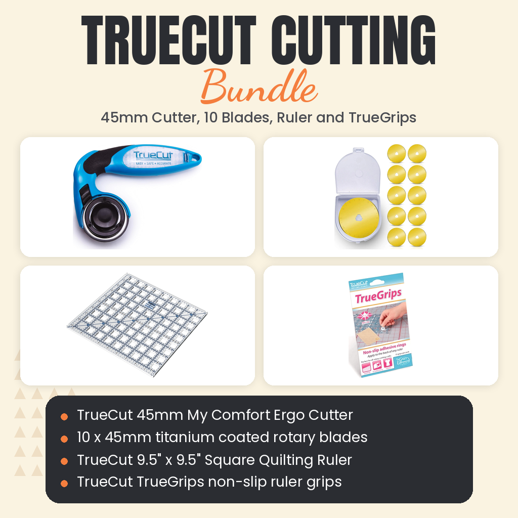 TrueCut Cutting Bundle, 45mm My Comfort Ergo Cutter, 10 Titanium Blades, 9.5 inch Square Ruler and TrueGrips - TrueCut 45mm My Comfort Ergo Cutter, ten 45mm titanium blades, TrueCut 9.5" x 9.5" Square Quilting Ruler and TrueGrips - photo 1 of 5 - The Fabric Hut