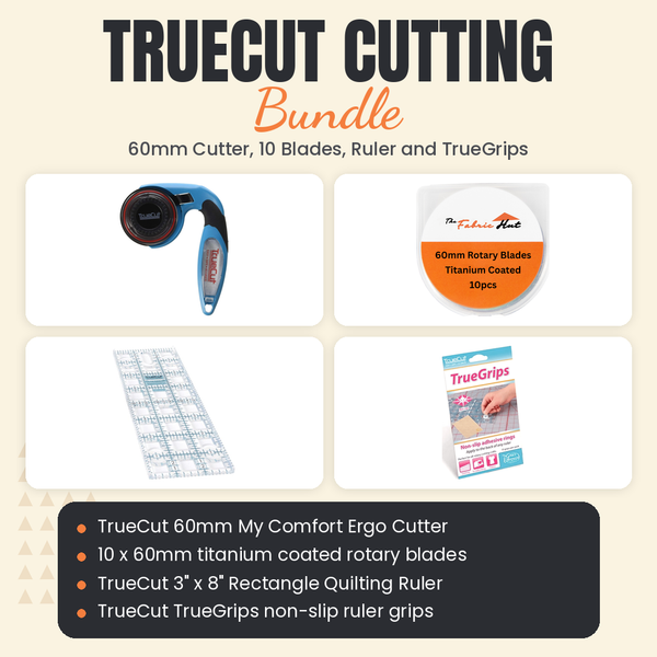 TrueCut Cutting Bundle, 60mm My Comfort Ergo Cutter, 10 Titanium Blades, 3 x 8 inch Rectangle Ruler and TrueGrips - TrueCut 60mm My Comfort Ergo Cutter, ten 60mm titanium blades, TrueCut 3" x 8" Rectangle Quilting Ruler and TrueGrips - photo 1 of 5 - The Fabric Hut