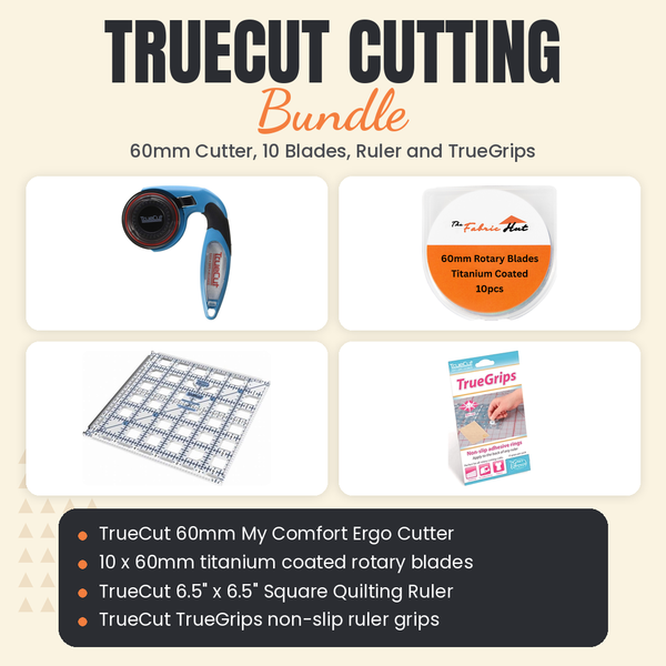 TrueCut Cutting Bundle, 60mm My Comfort Ergo Cutter, 10 Titanium Blades, 6.5 inch Square Ruler and TrueGrips - TrueCut 60mm My Comfort Ergo Cutter, ten 60mm titanium blades, TrueCut 6.5" x 6.5" Square Quilting Ruler and TrueGrips - photo 1 of 5 - The Fabric Hut