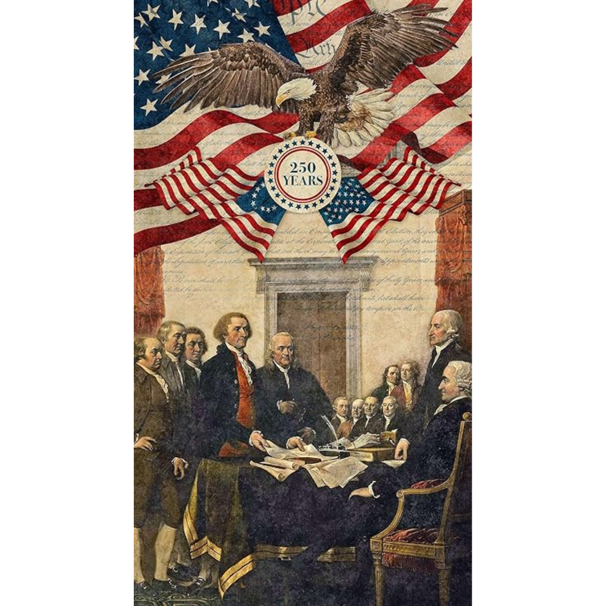 Patriotic, 24-inch Fabric Panel, Historic, Stonehenge, America 250 Anniversary, Red, Blue, Beige, USA - The Fabric Hut