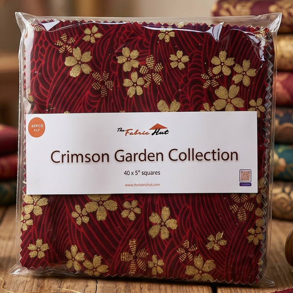 Crimson Garden Collection charm pack, 40 precut 5 inch 100% cotton squares in crimson, navy and black with metallic gold cherry blossom, cranes and fans, six packs included in this 480 piece bundle