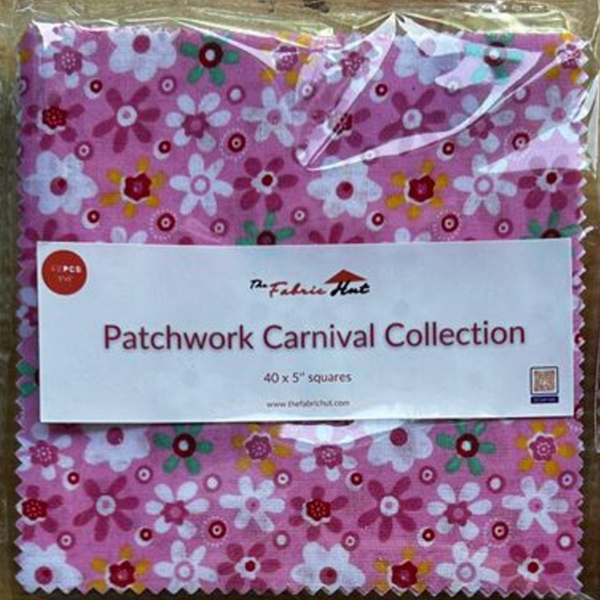 Patchwork Carnival charm pack with 240 precut 5 inch cotton squares across six packs