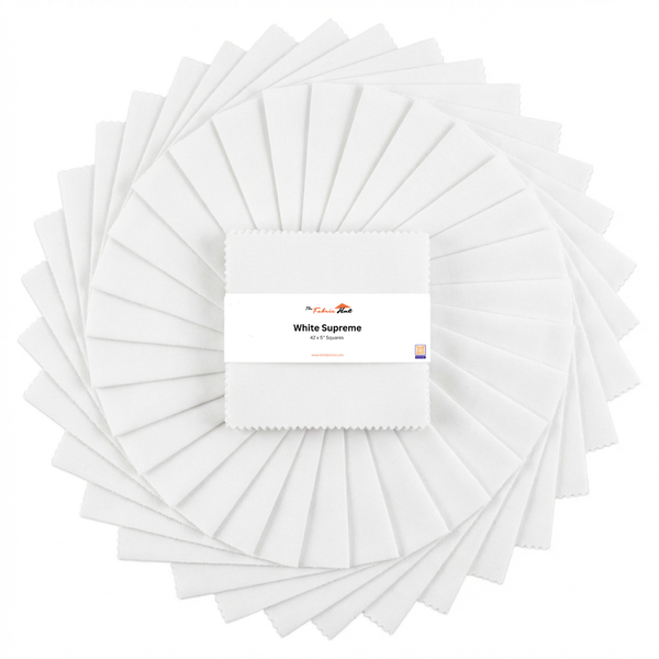 White Supreme charm pack, 42 precut 5 inch squares of 100% cotton from The Fabric Hut