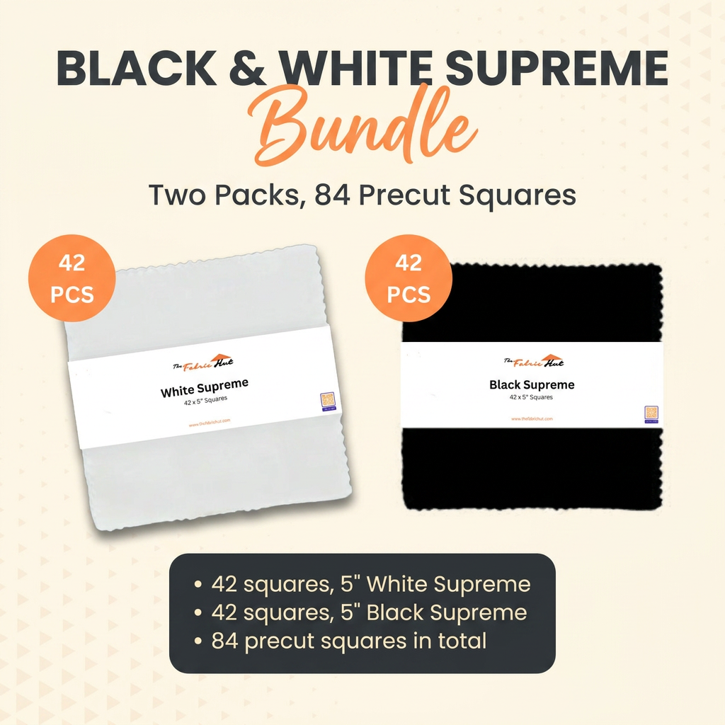 Black and White Supreme charm pack bundle by The Fabric Hut, two packs with 84 precut 5 inch cotton squares