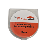 45mm Rotary Perforating Blade, pack of 10 stainless steel blades that score clean evenly spaced perforations, shown with the clear storage case - The Fabric Hut