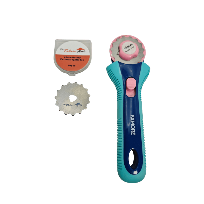 45mm Rotary Perforating Blade, pack of 10 stainless steel blades that score clean evenly spaced perforations, shown with the clear storage case - The Fabric Hut