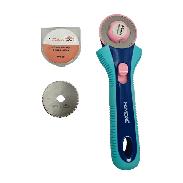 45mm Rotary Skip Blade, pack of 10 stainless steel dash-cut blades for crochet edge finishing, shown with the clear storage case - The Fabric Hut