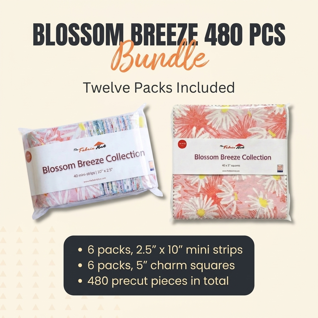 Blossom Breeze 480 piece bundle by The Fabric Hut with 6 packs of 2.5 x 10 inch cotton mini strips and 6 packs of 5 inch charm squares